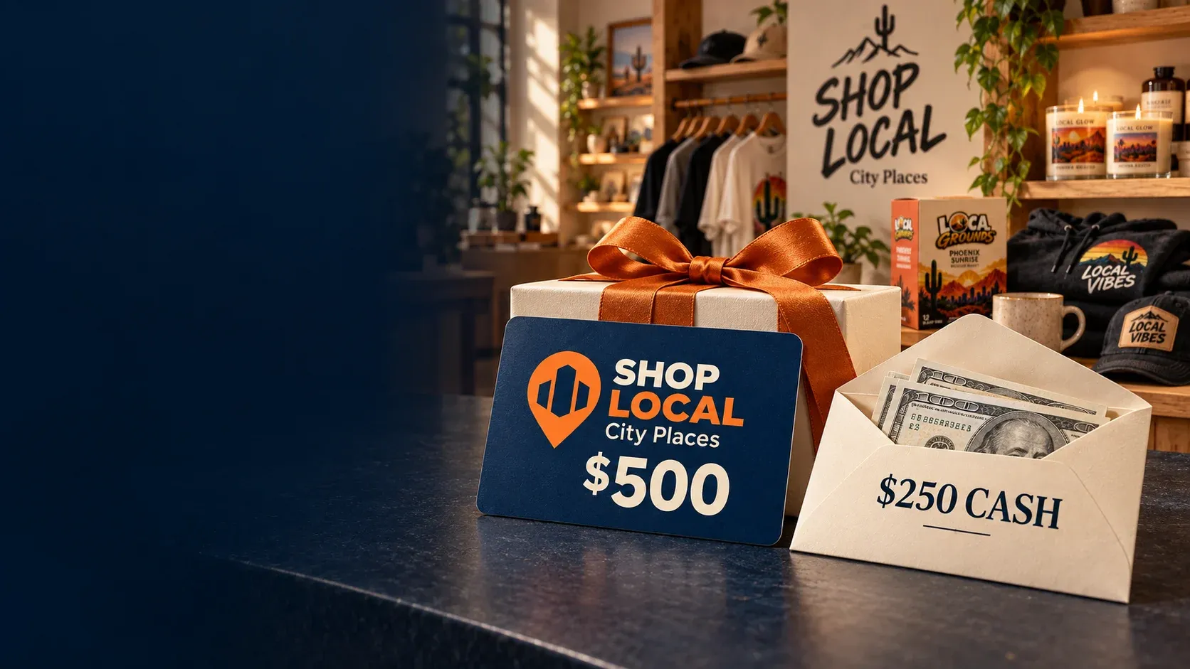 $500 SHOP LOCAL Missouri Places gift card and $250 cash envelope in front of a SHOP LOCAL store and product display.